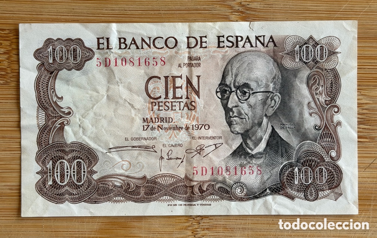 Billetes espa&ntilde;oles: Billete de 100 PESETAS de 1970- Serie 5D- MANUEL DE FALLA