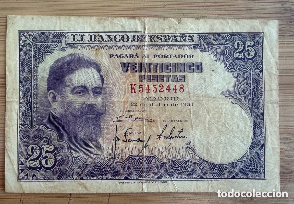 Banconote spagnole: Billete de 25 PESETAS de 1954- Serie K- ISAAC ALB&Eacute;NIZ