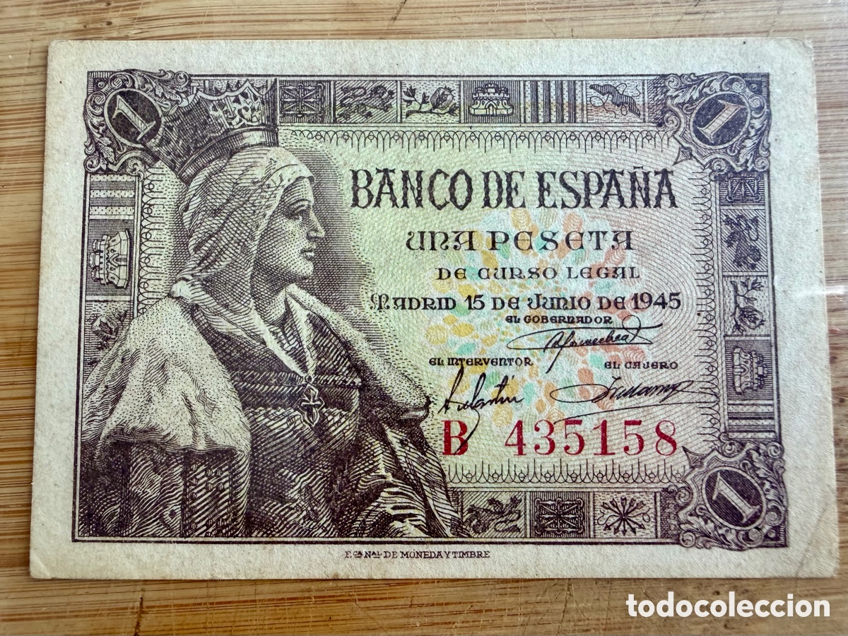 Billetes espa&ntilde;oles: Billete de 1 PESETA de 1945- Serie B. MBC- (ISABEL LA CAT&Oacute;LICA)