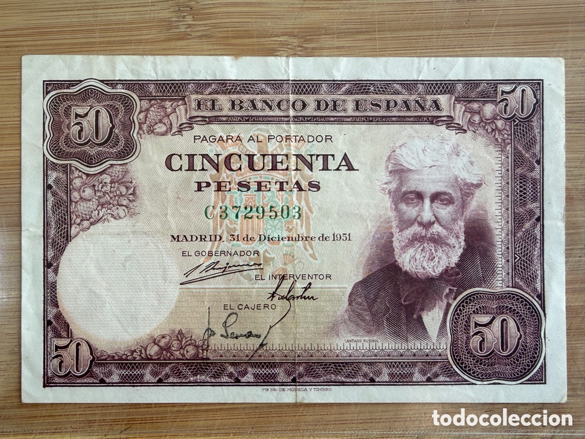 Billetes espa&ntilde;oles: Billete de 50 PESETAS de 1951- Serie C. MBC- (SANTIAGO RUSI&Ntilde;OL)