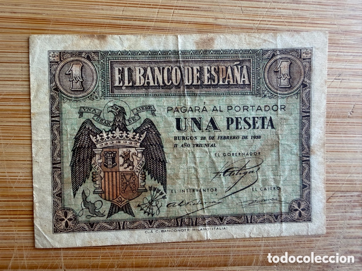 Billetes espa&ntilde;oles: Billete de 1 PESETA de 1938- Serie F- (FEBRERO)