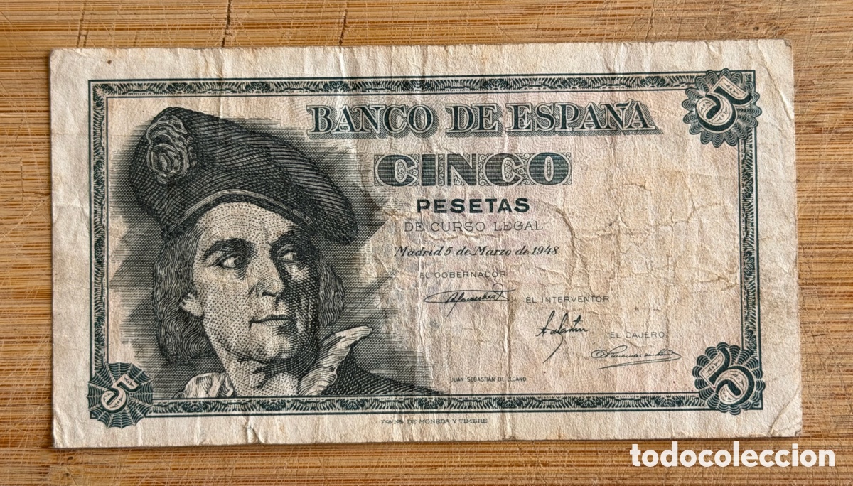 Billetes espa&ntilde;oles: Billete de 5 PESETAS de 1948- Serie E- JUAN SEBASTI&Aacute;N ELCANO