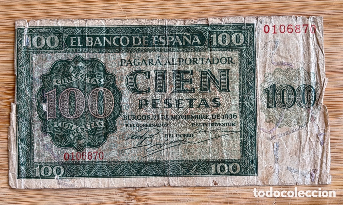 Billetes espa&ntilde;oles: Billete de 100 PESETAS de 1936- Serie O. Roturas.
