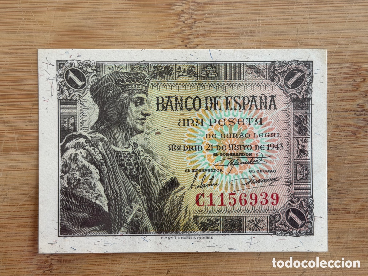 Billetes espa&ntilde;oles: Billete 1 PESETA de 1943 - Serie C. MBC. (FERNANDO EL CAT&Oacute;LICO)