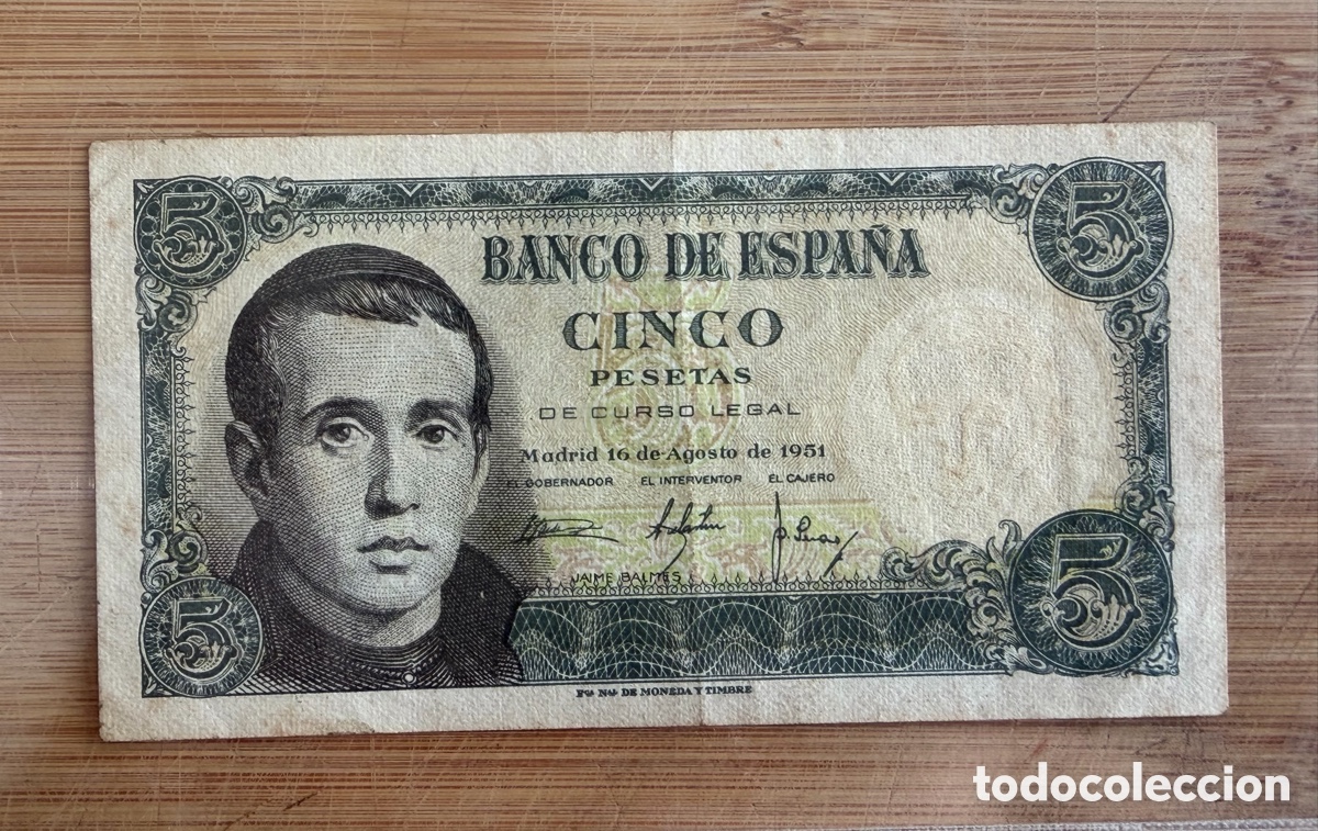 Billetes espa&ntilde;oles: Billete de 5 PESETAS de 1951- Serie L- JAIME BALMES