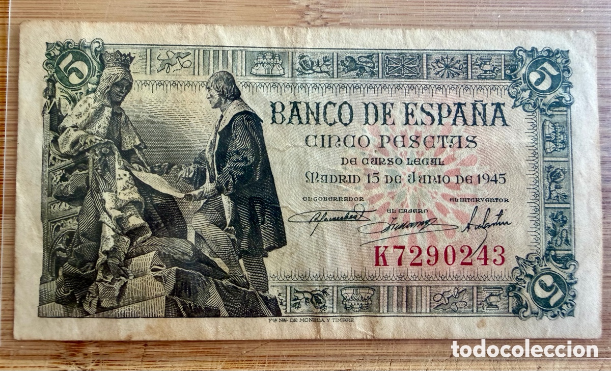 Billetes espa&ntilde;oles: Billete de 5 PESETAS de 1945- Serie K. (CAPITULACIONES)
