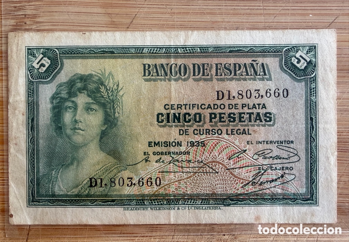 Billetes espa&ntilde;oles: Billete 5 PESETAS de 1935 - Serie D