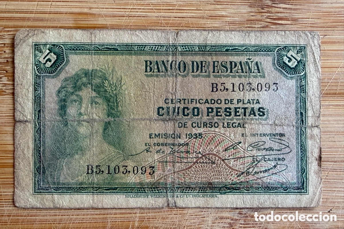 Billetes espa&ntilde;oles: Billete 5 PESETAS de 1935 - Serie B
