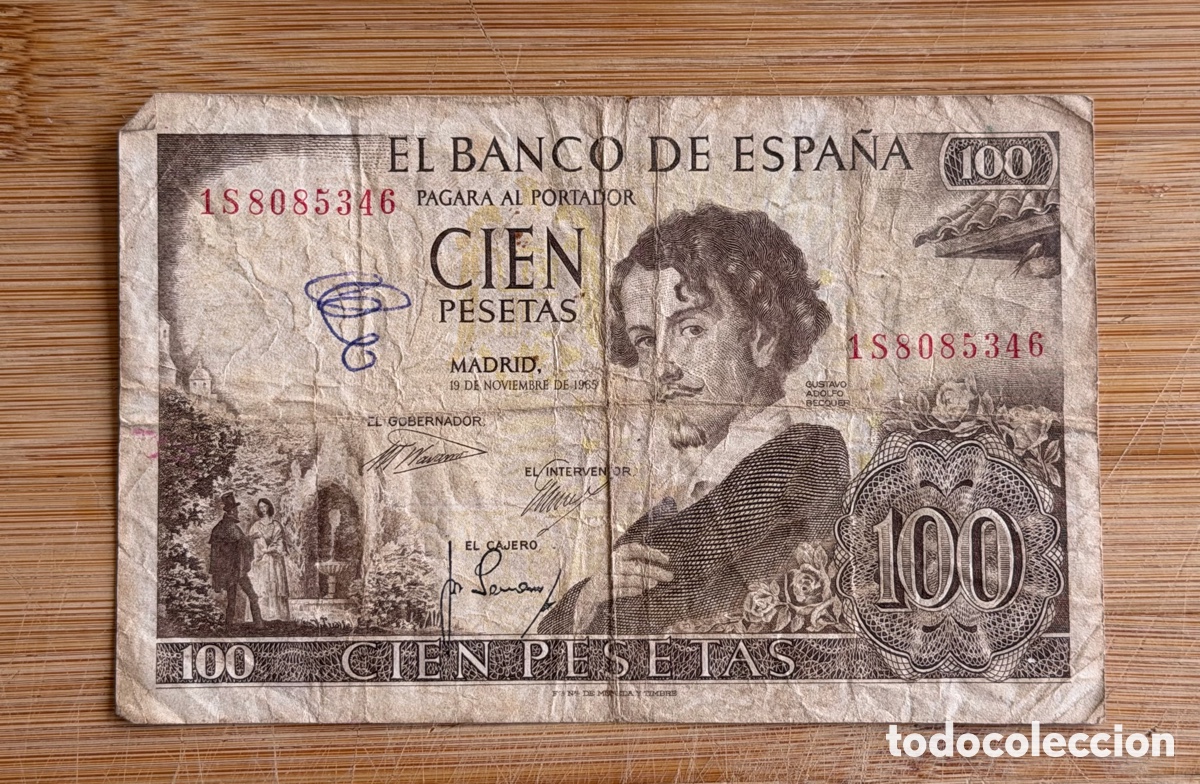 Billetes espa&ntilde;oles: Billete de 100 PESETAS de 1965- Serie 1S. (GUSTAVO ADOLFO BECQUER)