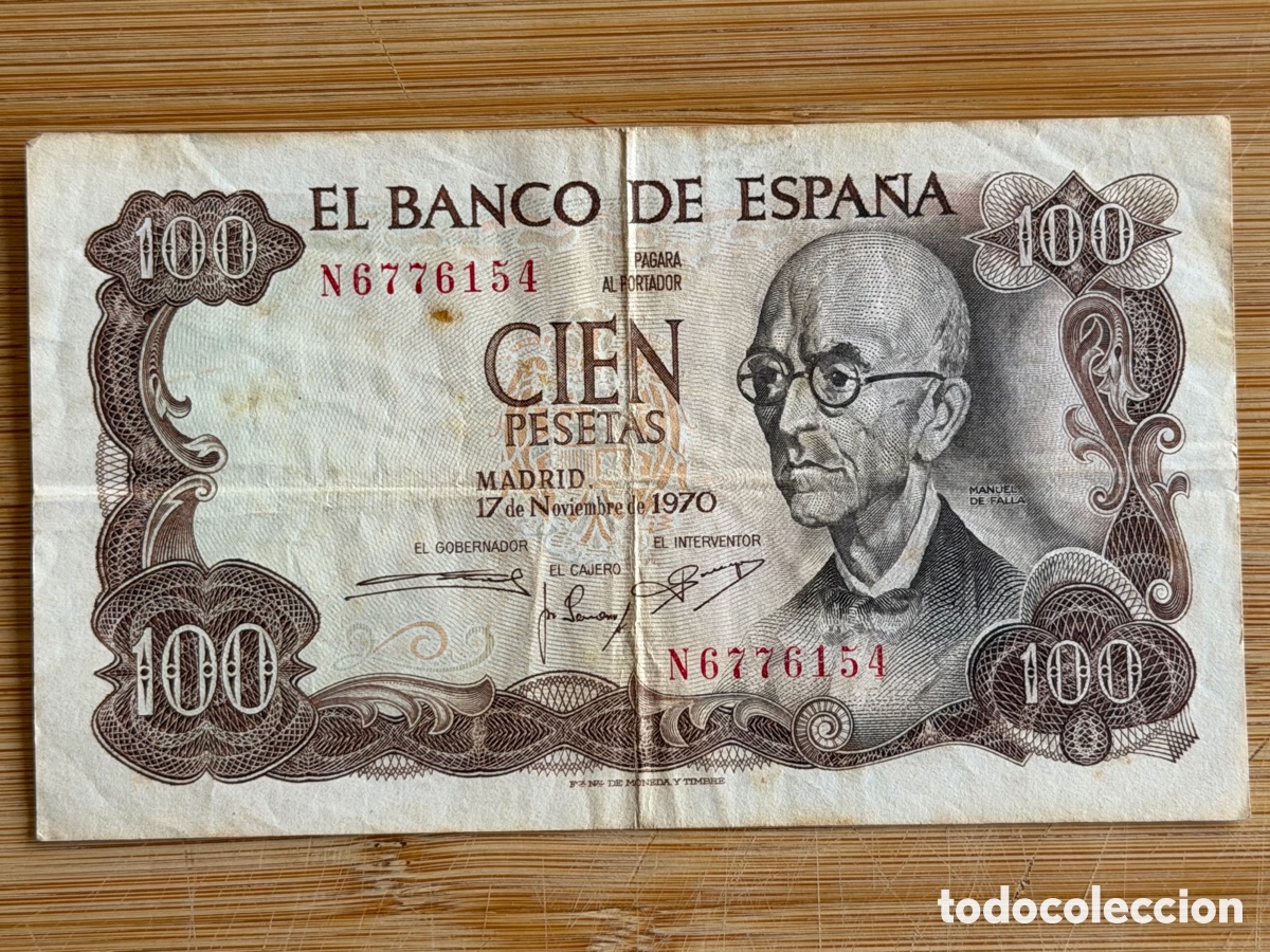 Billetes espa&ntilde;oles: Billete de 100 PESETAS de 1970- Serie N- MANUEL DE FALLA