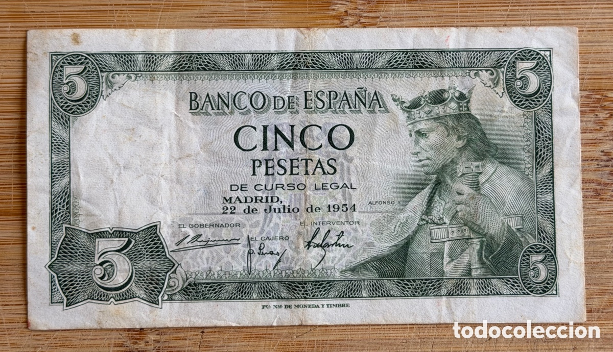 Billetes espa&ntilde;oles: Billete de 5 PESETAS de 1954- Serie N. (ALFONSO X)