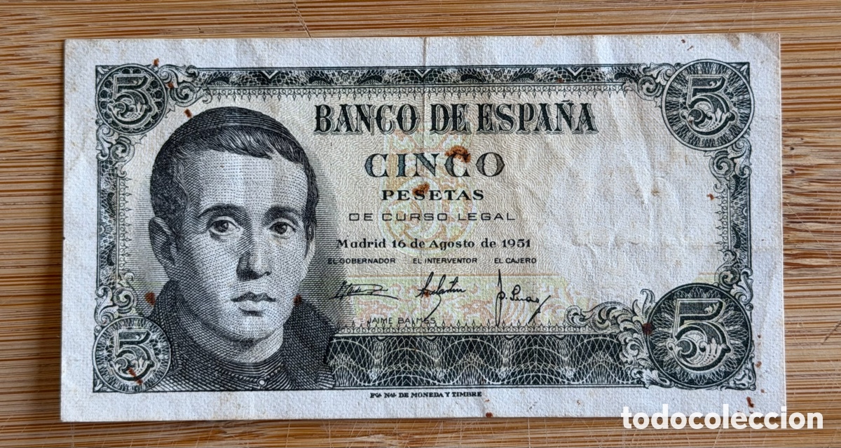 Billetes espa&ntilde;oles: Billete de 5 PESETAS de 1951- Serie 1D- JAIME BALMES