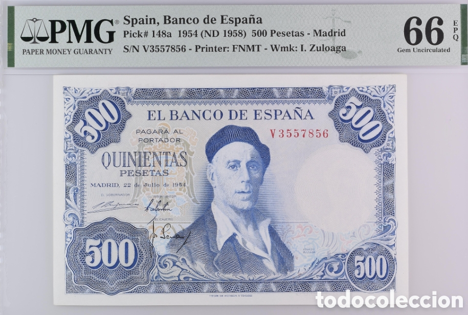 Billetes espa&ntilde;oles: Billete 500 PESETAS 1954 -I. ZULOAGA- PMG 66 EPQ, serie V, &uacute;ltima serie emitida