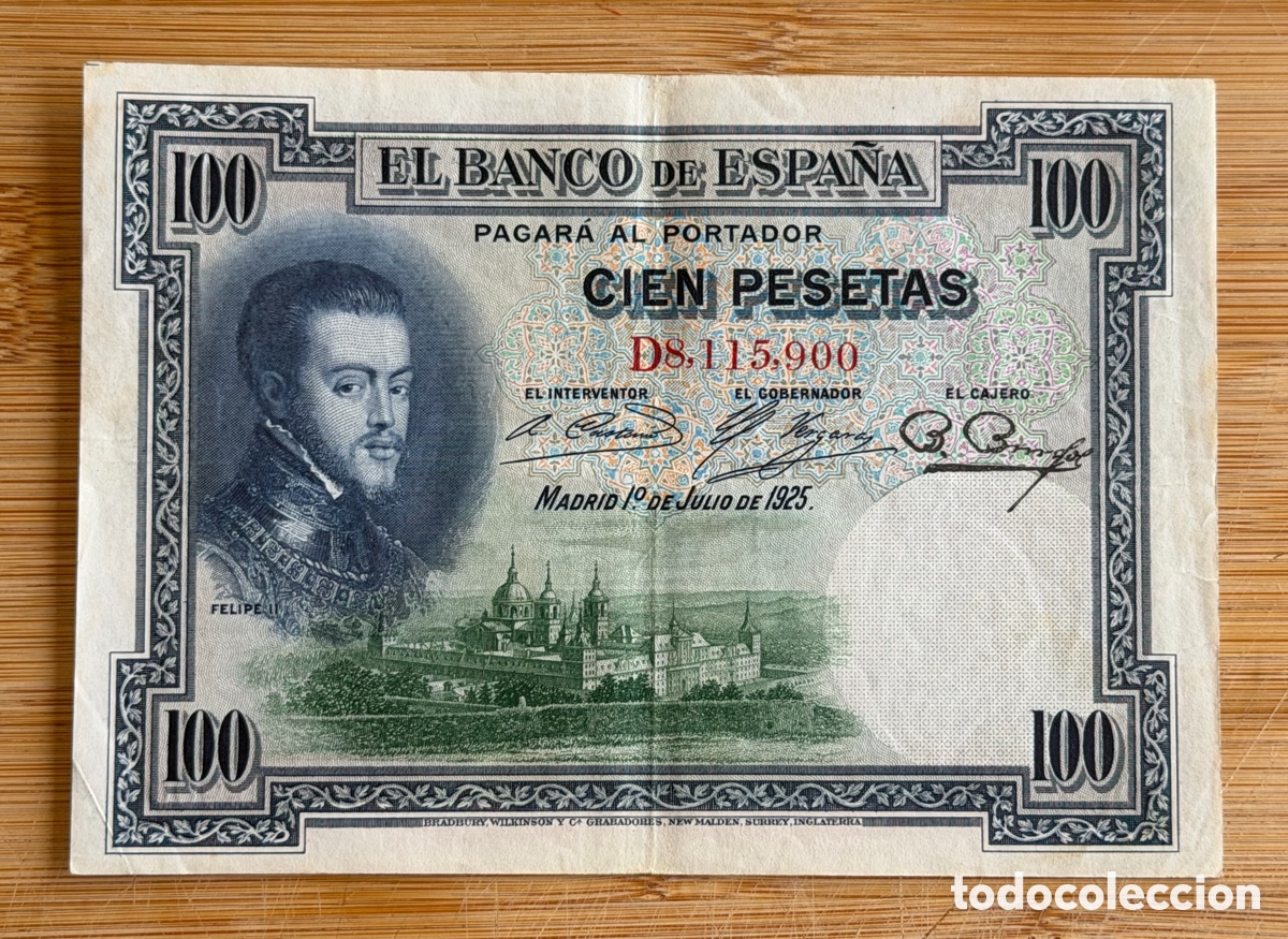 Billetes espa&ntilde;oles: Billete de 100 PESETAS de 1925- Serie D. (FELIPE II)