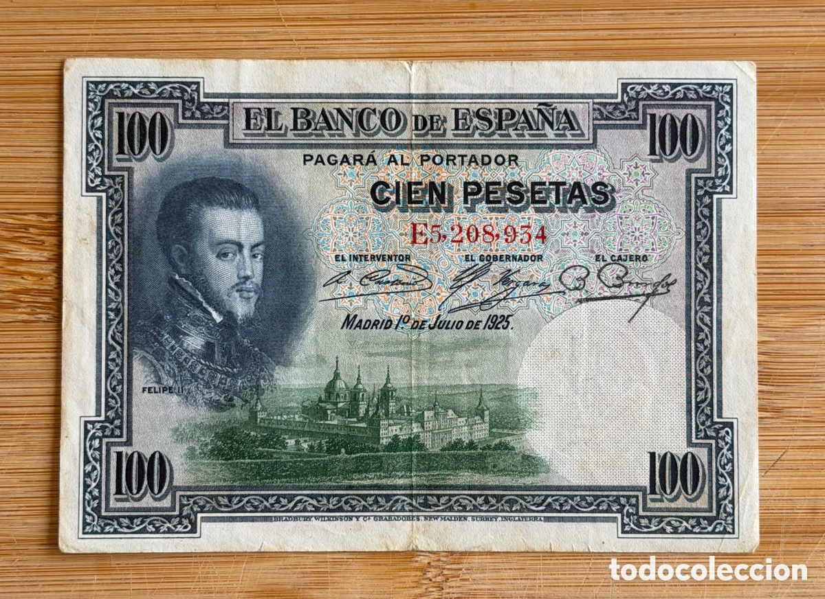 Billetes espa&ntilde;oles: Billete de 100 PESETAS de 1925- Serie E. (FELIPE II)