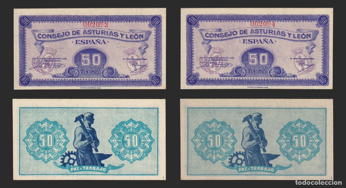 Billetes espa&ntilde;oles: Pareja de billetes de 50 c&eacute;ntimos Consejo de Asturias y Le&oacute;n *** SC RAR&Iacute;SIMA PAREJA en este estado