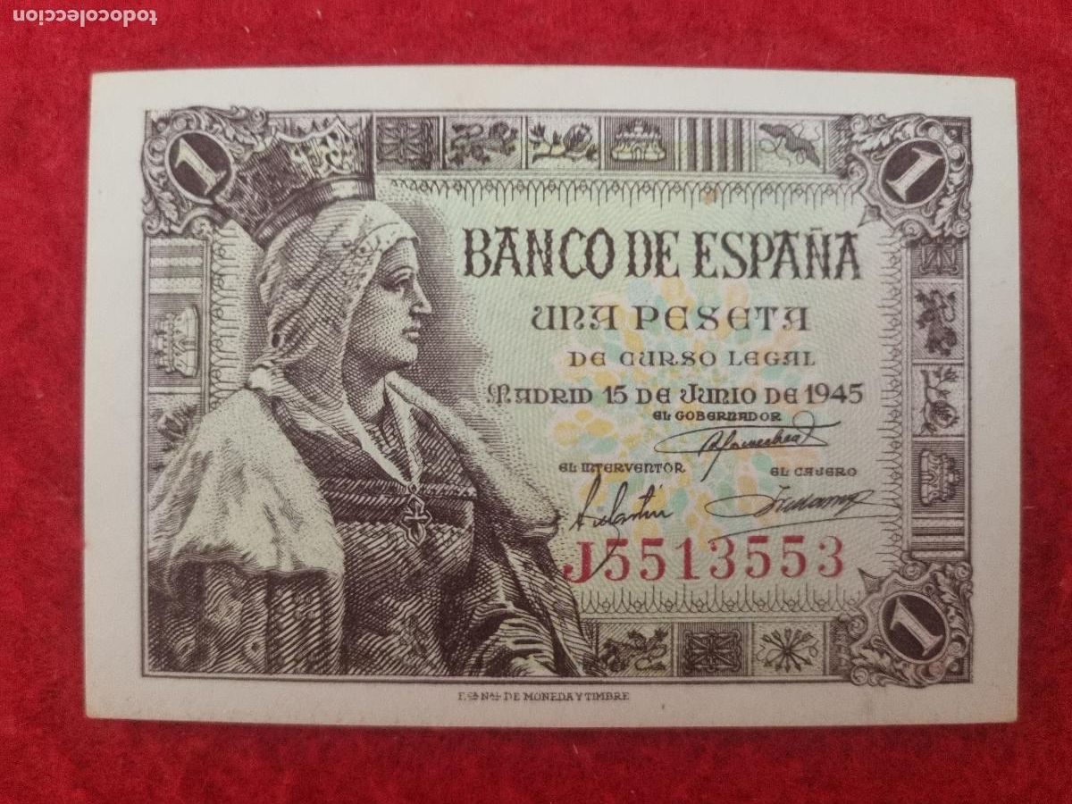 Billetes espa&ntilde;oles: BILLETE 1 PESETA 1945 SIN CIRCULAR PLANCHA SERIE J ORIGINAL T553