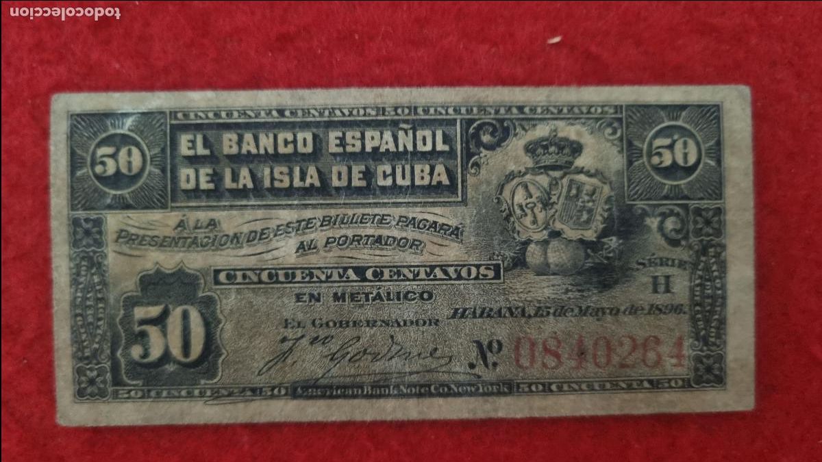 Billetes espa&ntilde;oles: BILLETE 50 CENTAVOS 1896 EPOCA COLONIAL BANCO ESPA&Ntilde;OL ISLA DE CUBA MBC- ORIGINAL T264