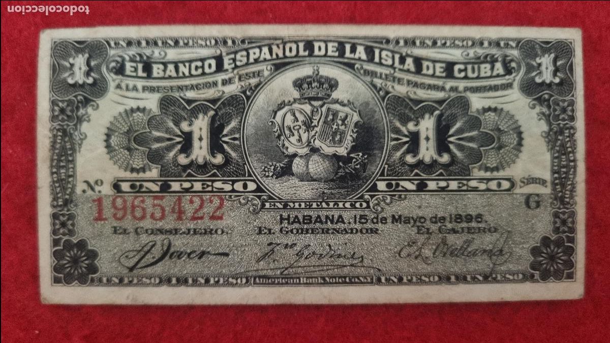 Billetes espa&ntilde;oles: BILLETE 1 PESO 1896 EPOCA COLONIAL BANCO ESPA&Ntilde;OL ISLA DE CUBA MBC ORIGINAL T422