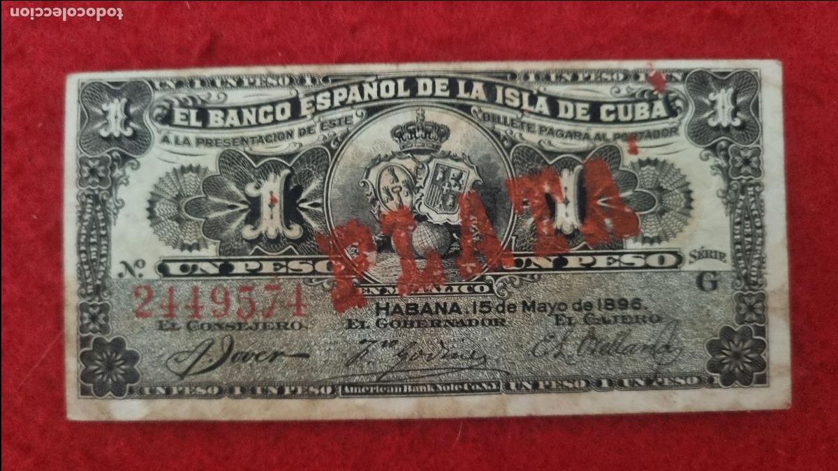 Billetes espa&ntilde;oles: BILLETE 1 PESO 1896 PLATA EPOCA COLONIAL BANCO ESPA&Ntilde;OL ISLA DE CUBA MBC ORIGINAL T574
