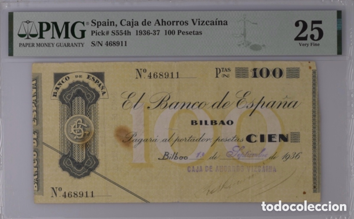 Billetes espa&ntilde;oles: Billete 100 Pesetas 1936 PMG 25 Caja de Ahorros Vizca&iacute;na