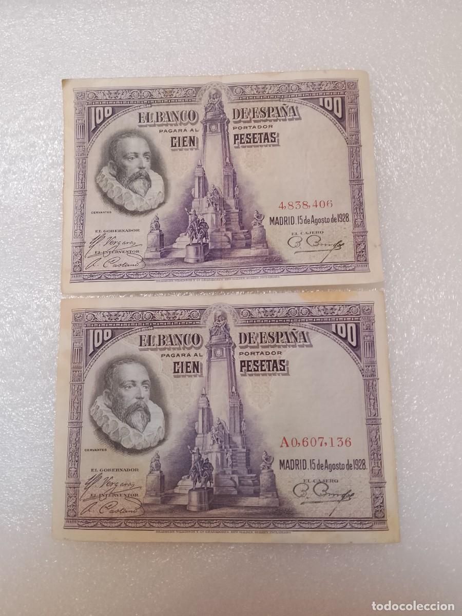 Billetes espa&ntilde;oles: 2 Billetes 100 pesetas 1931 Cervantes sin serie y serie A