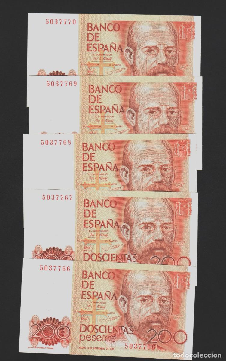 Billetes espa&ntilde;oles: 5 CONSECUTIVOS SIN SERIE SIN CIRCULAR SC |SOLO ACEPTO PAYPAL| BILLETE 200 PESETAS 1980 LEER