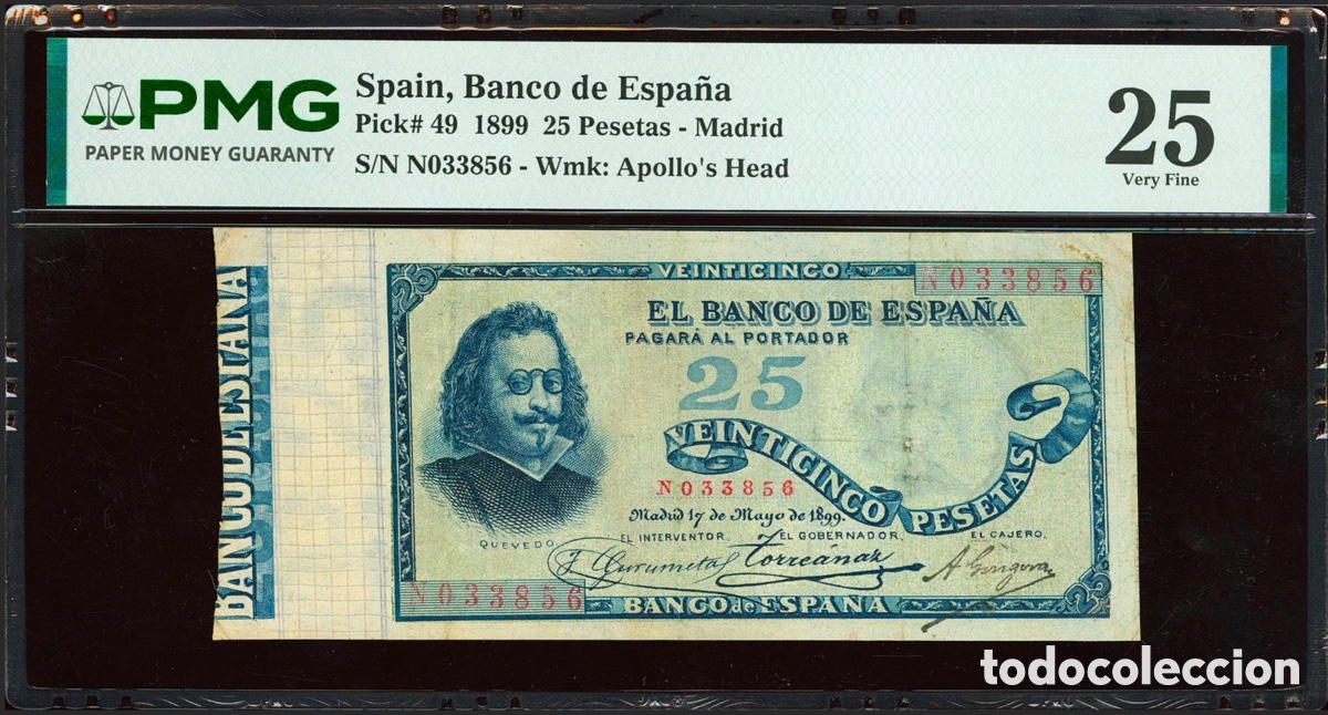 Billetes espa&ntilde;oles: Billete 25 Pesetas 1899 PMG 25 M&iacute;nima Restauraci&oacute;n