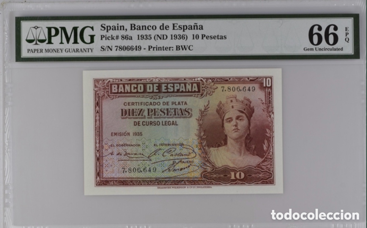 Billetes espa&ntilde;oles: Billete 10 Pesetas 1935 PMG 66 Sin Serie