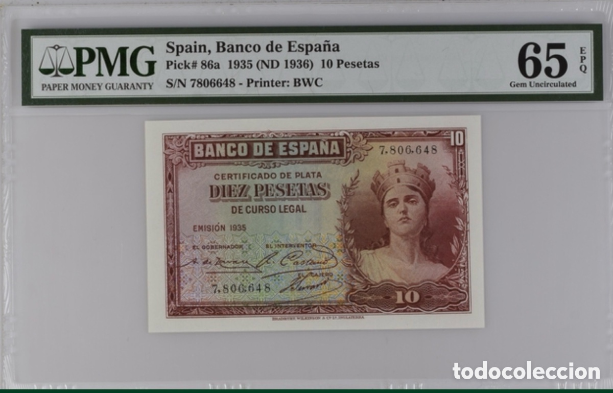 Billetes espa&ntilde;oles: Billete 10 Pesetas 1935 PMG 65 Sin Serie