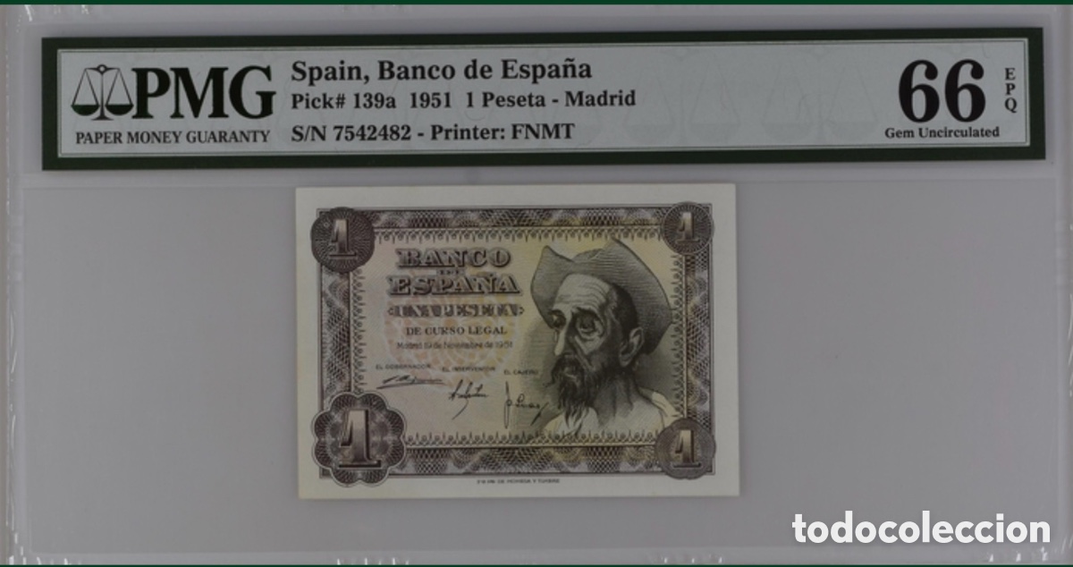 Billetes espa&ntilde;oles: Billete 1 Peseta 1951 PMG 66 Sin Serie