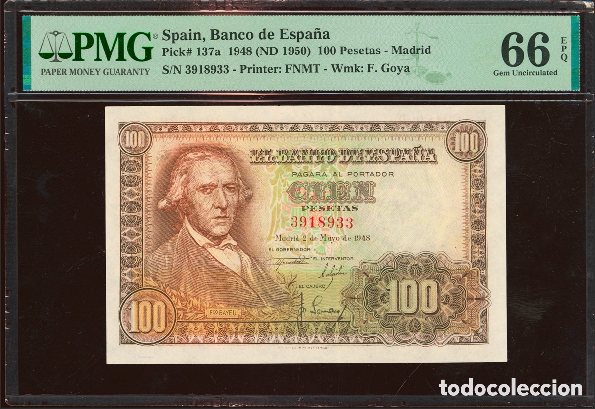 Billetes espa&ntilde;oles: Billete 100 Pesetas 1948 PMG 66 Sin serie