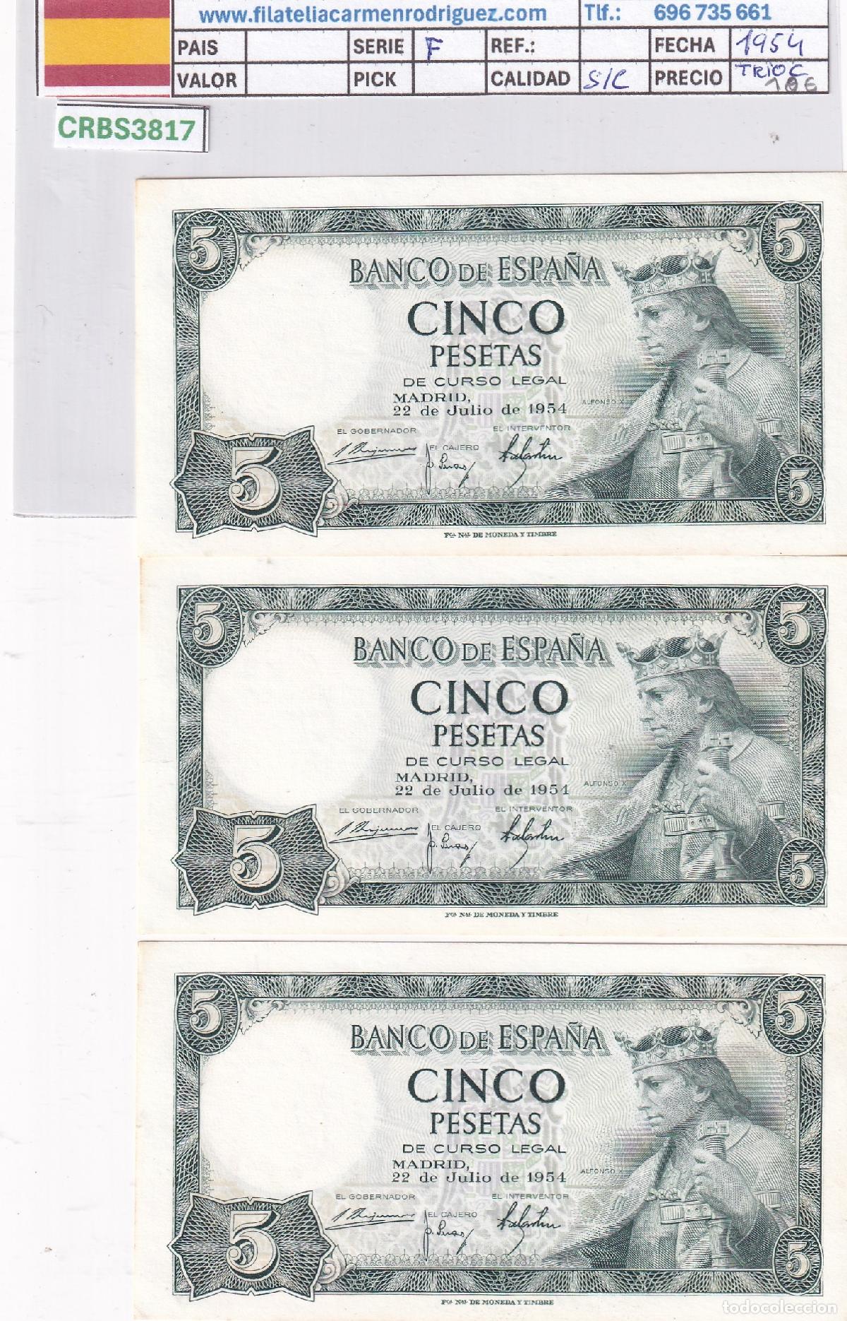 Billetes espa&ntilde;oles: CRBS3817 TRIO CORRELATIVO BILLETES ESPA&Ntilde;A 5 PESETAS 1954 SERIE F SIN CIRCULAR