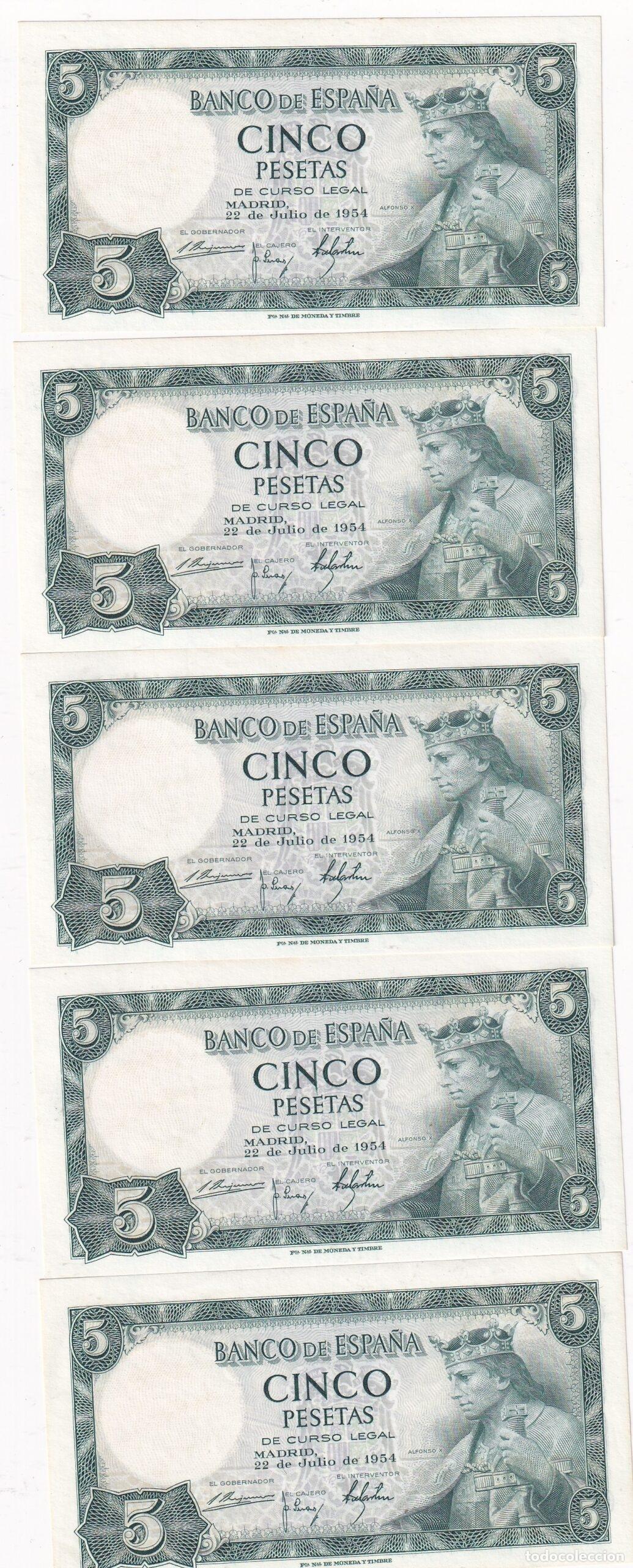 Billetes espa&ntilde;oles: CRBS3819 LOTE 5 BILLETES ESPA&Ntilde;A CORRELATIVOS 5 PESETAS 1954 SIN SERIE SIN CIRCULAR