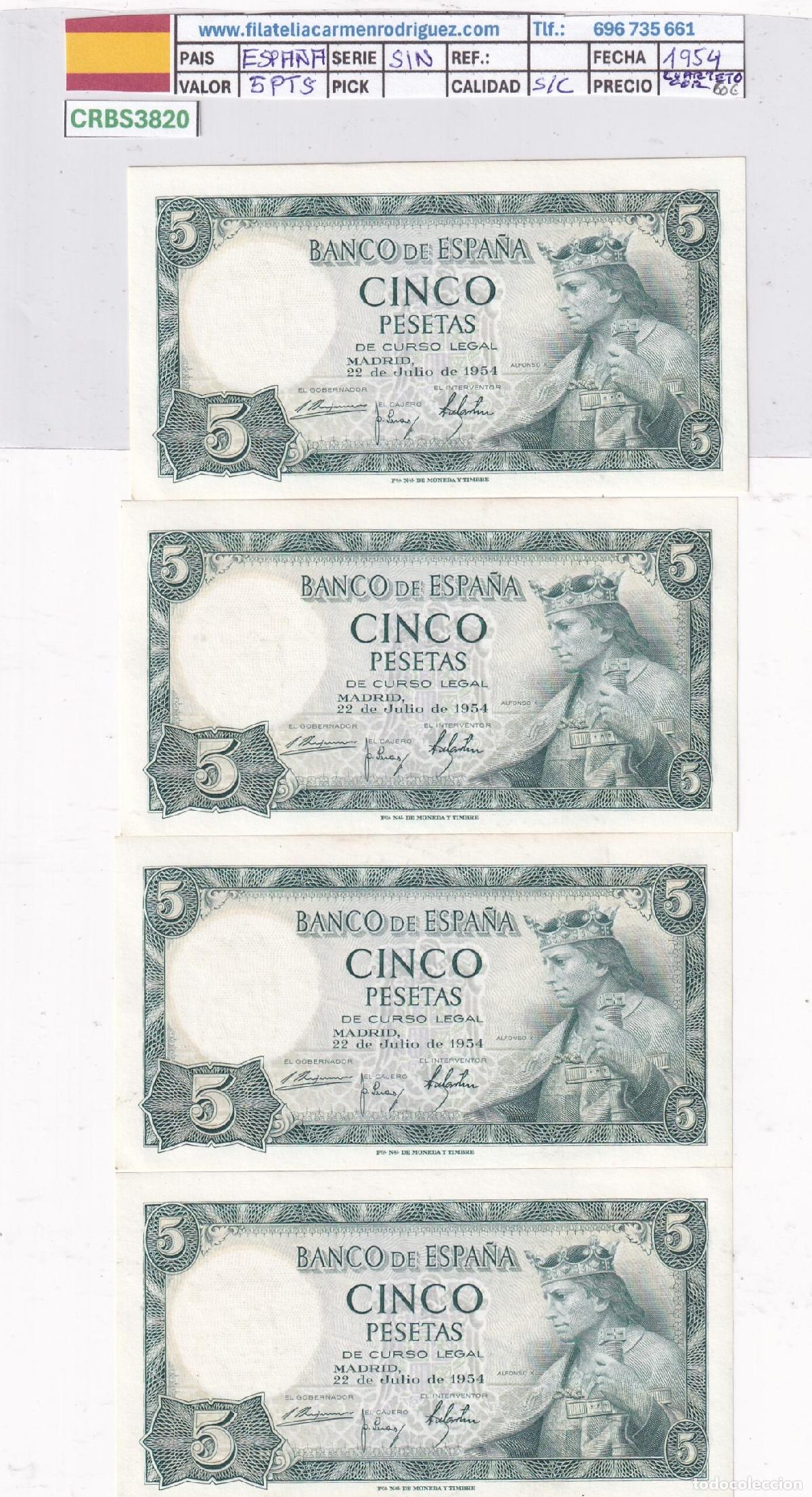 Billetes espa&ntilde;oles: CRBS3820 LOTE 4 BILLETES ESPA&Ntilde;A CORRELATIVOS 5 PESETAS 1954 SIN SERIE SIN CIRCULAR