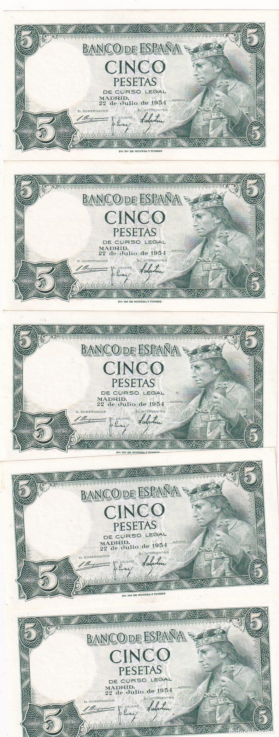 Billetes espa&ntilde;oles: CRBS3821 LOTE 5 BILLETES ESPA&Ntilde;A CORRELATIVOS 5 PESETAS 1954 SERIE H SIN CIRCULAR