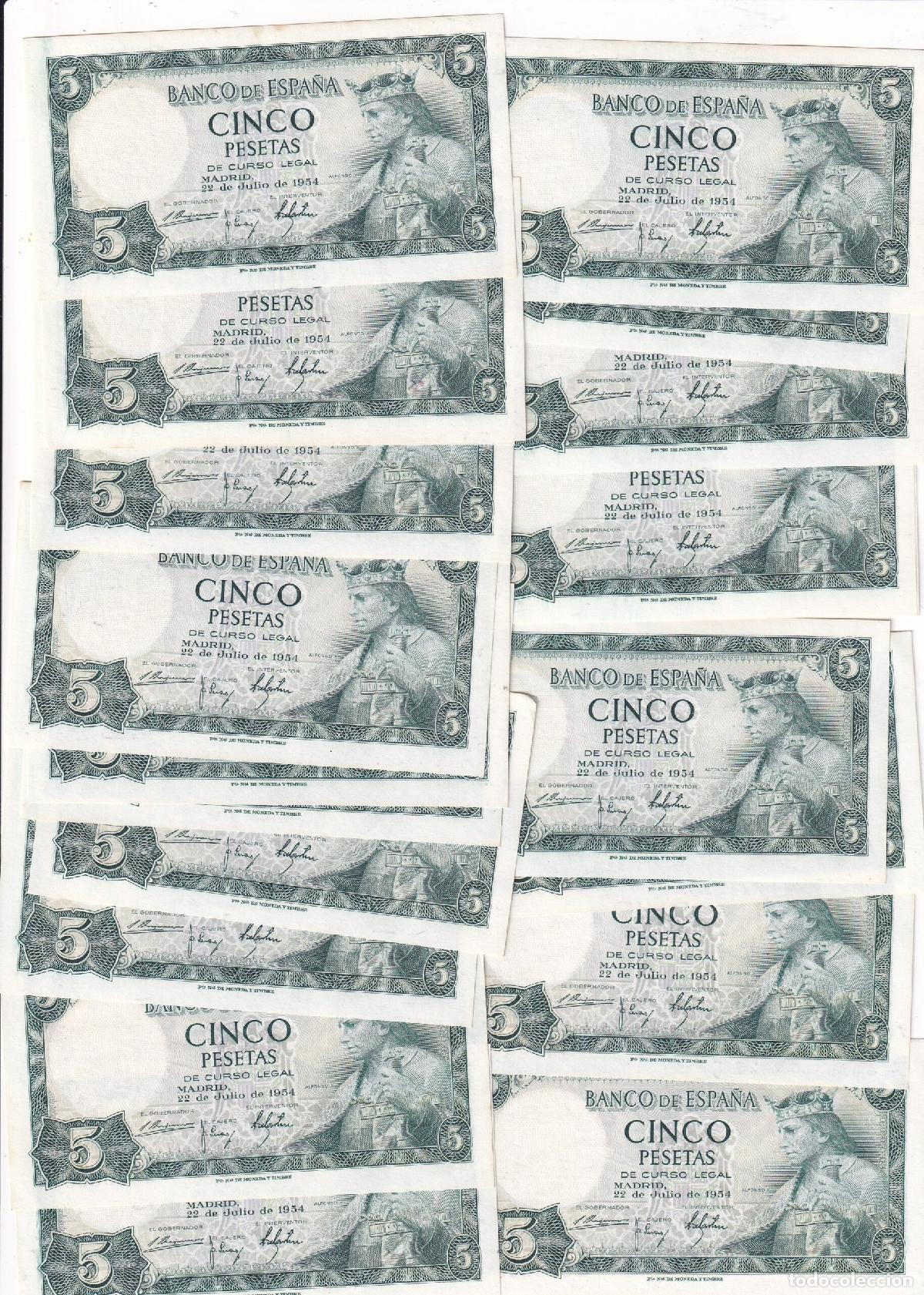 Billetes espa&ntilde;oles: CRBS3823 LOTE 20 BILLETES ESPA&Ntilde;A CORRELATIVOS 5 PESETAS 1954 SIN SERIE S/C Y S/C-