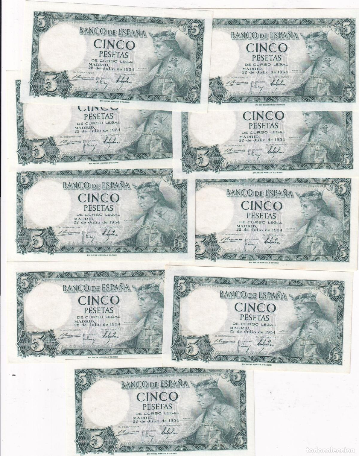 Billetes espa&ntilde;oles: CRBS3827 LOTE 9 BILLETES ESPA&Ntilde;A CORRELATIVOS 5 PESETAS 1954 SIN SERIE SIN CIRCULAR