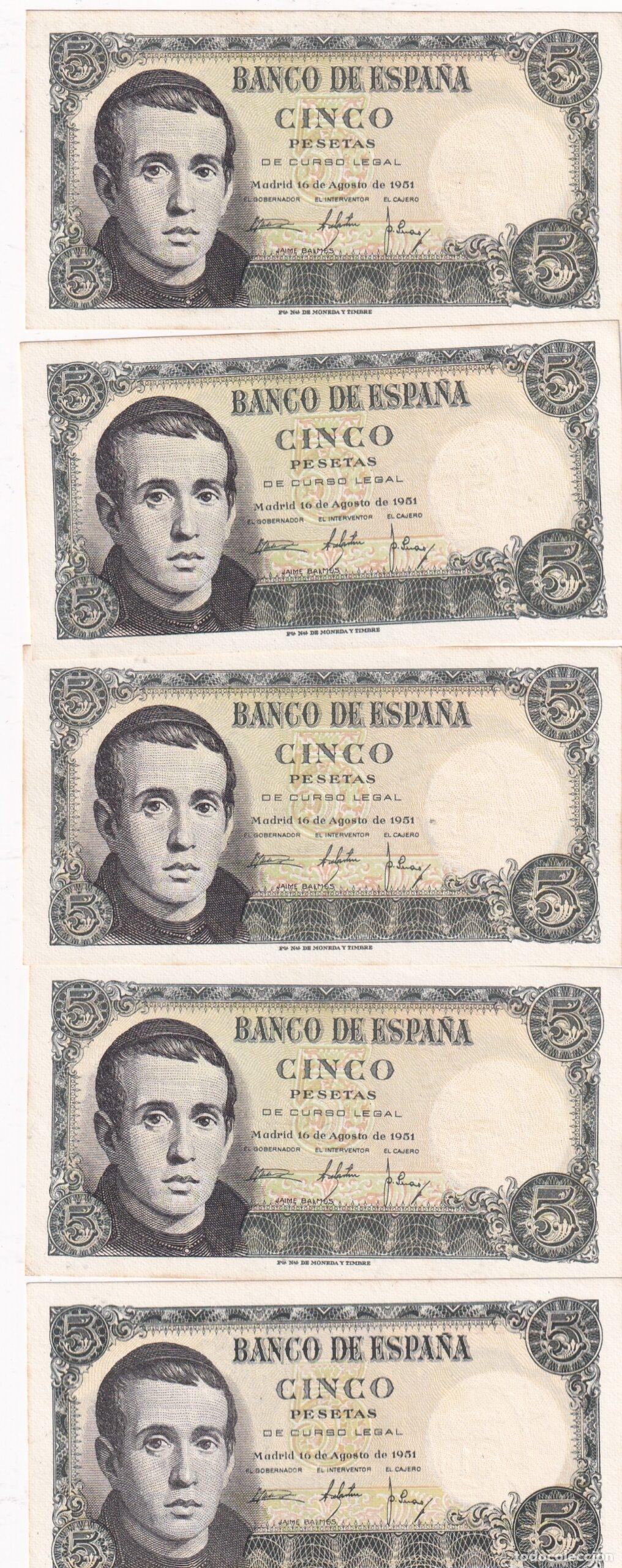 Billetes espa&ntilde;oles: CRBS3829 LOTE 5 BILLETES ESPA&Ntilde;A CORRELATIVOS 5 PESETAS 1951 SERIE 1I SIN CIRCULAR
