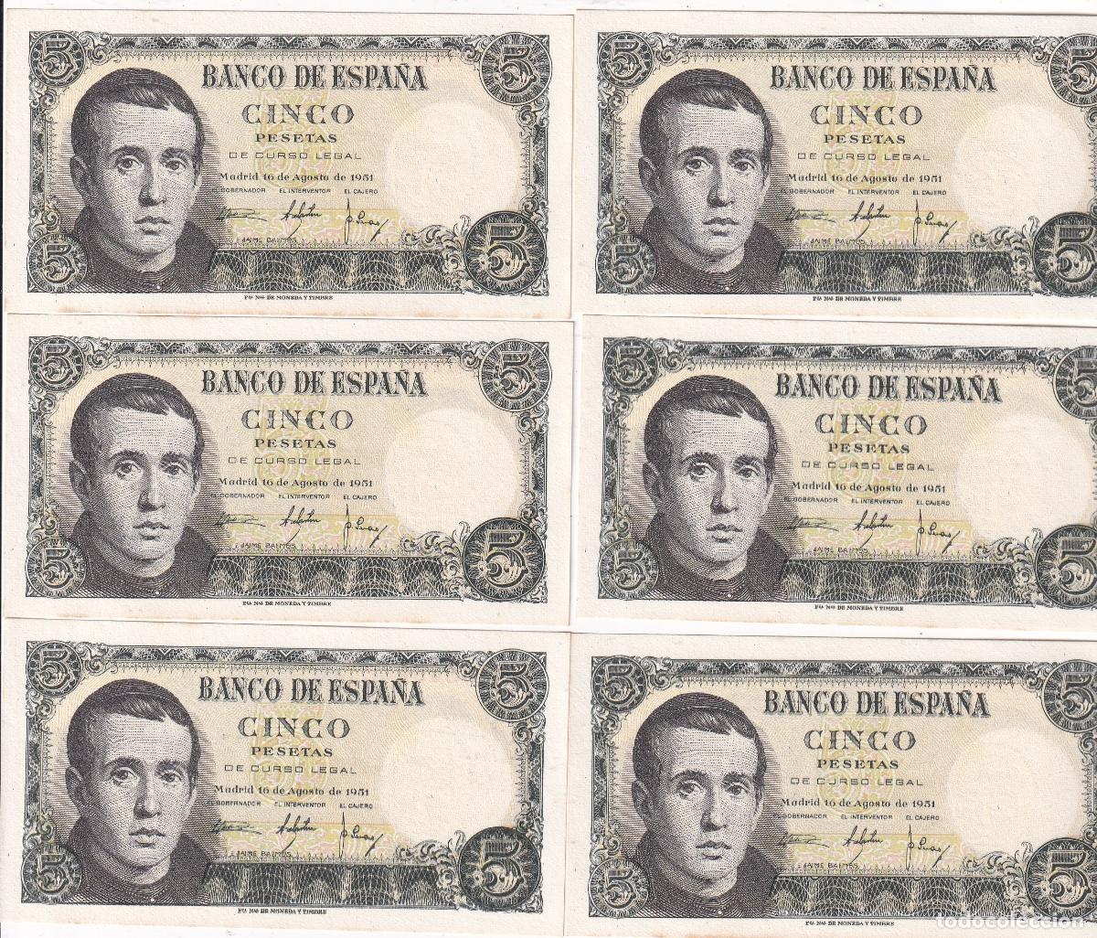 Billetes espa&ntilde;oles: CRBS3830 LOTE 6 BILLETES ESPA&Ntilde;A CORRELATIVOS 5 PESETAS 1951 SERIE 1I SIN CIRCULAR