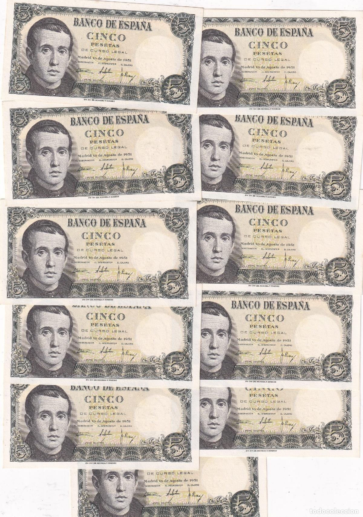 Billetes espa&ntilde;oles: CRBS3831 LOTE 11 BILLETES ESPA&Ntilde;A CORRELATIVOS 5 PESETAS 1951 SERIE 1I SIN CIRCULAR