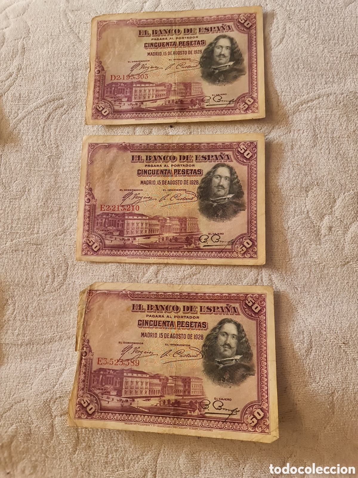 Notas espanholas: Lote 3 Billetes: 50 Pesetas 1928 (Vel&aacute;zquez) - Series D y E
