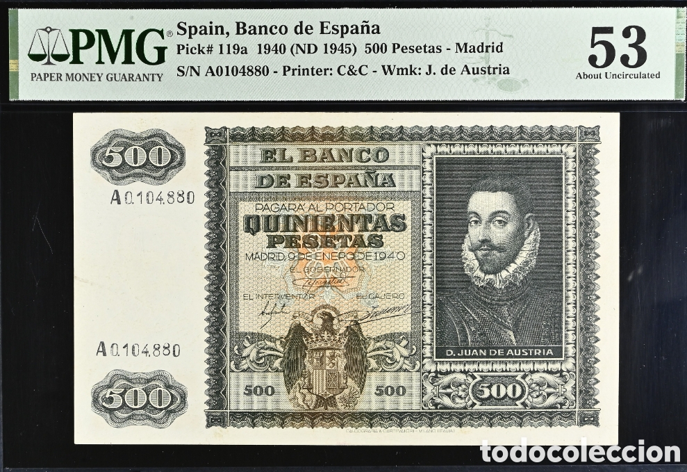 Billetes espa&ntilde;oles: Billete 500 PESETAS 1940 -JUAN DE AUSTRIA- PMG 53, serie A