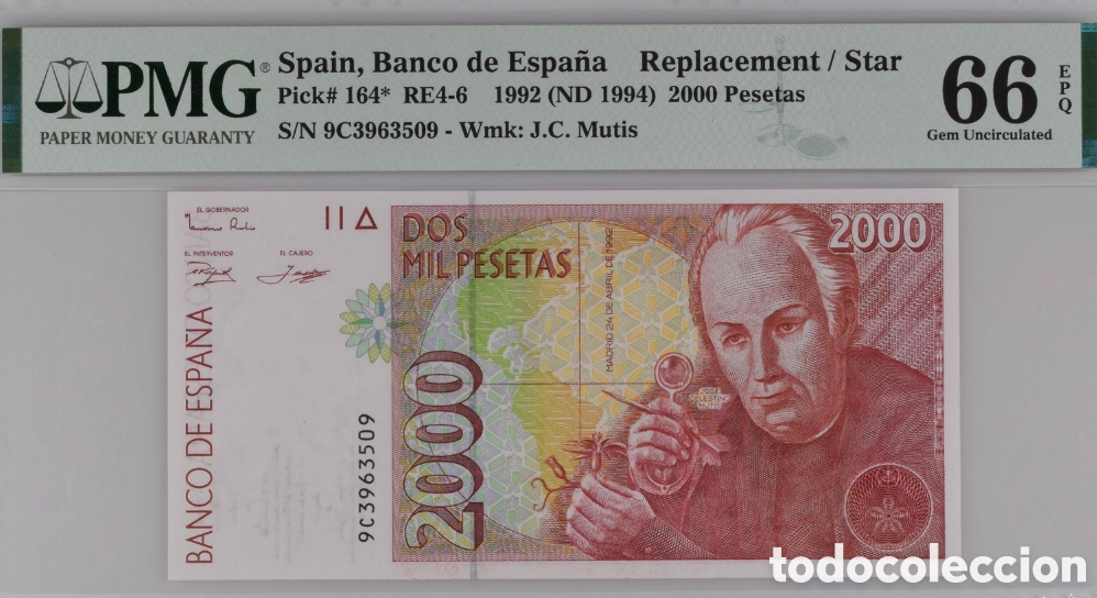 Billetes espa&ntilde;oles: Billete 2000 PESETAS 1992 -CELESTINO MUTIS- PMG 66 EPQ, serie 9C, Pick 164*