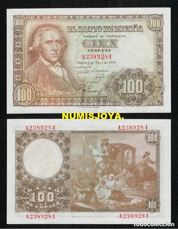 Billetes espa&ntilde;oles: 100 Pesetas 1948 Serie A 2389284. SIN CIRCULAR CON SU APRESTO. Peque&ntilde;o abombamiento no es un doblez.