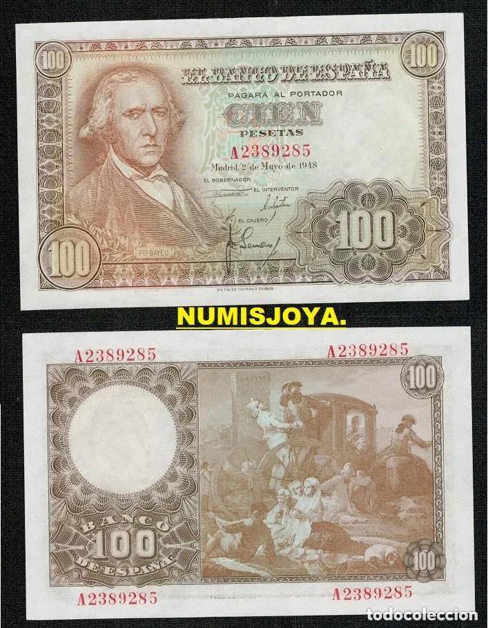Billetes espa&ntilde;oles: 100 Pesetas 1948 Serie A 2389285. SIN CIRCULAR CON SU APRESTO. Peque&ntilde;o abombamiento no es un doblez.