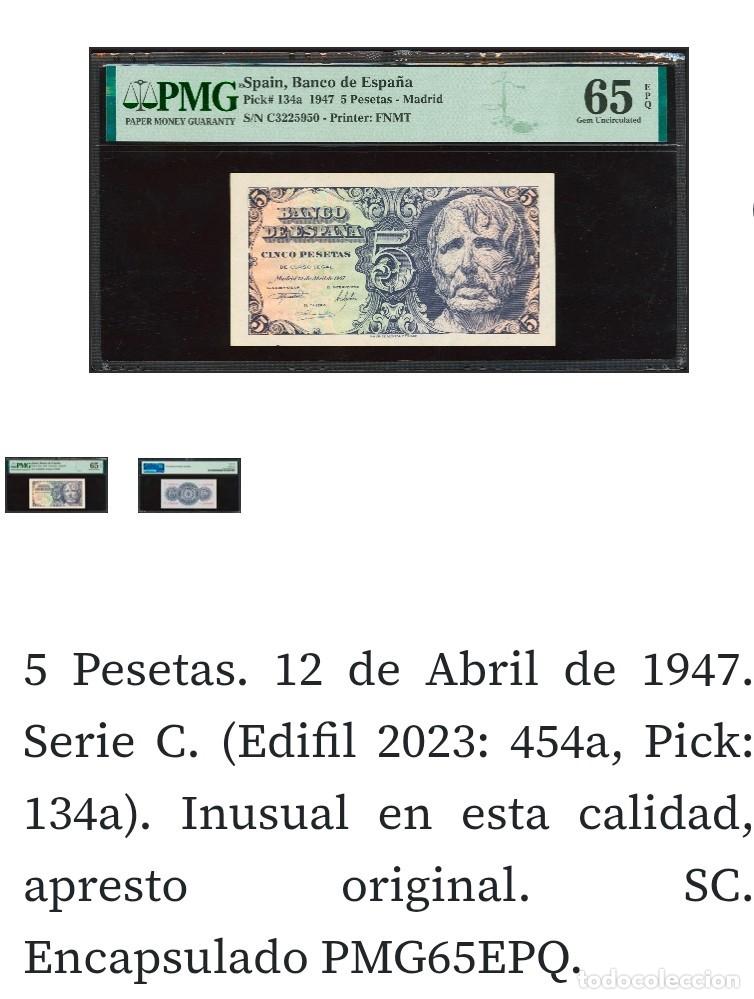 Billetes espa&ntilde;oles: 5 PTAS 12 DE ABRIL DE 1947 SERIE C PMG65 EPQ