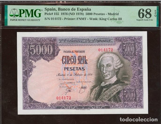 Billetes espa&ntilde;oles: 5000 PESETAS DE 1976 S.S. PMG EPQ 68. N&Uacute;MERO MUY BAJO