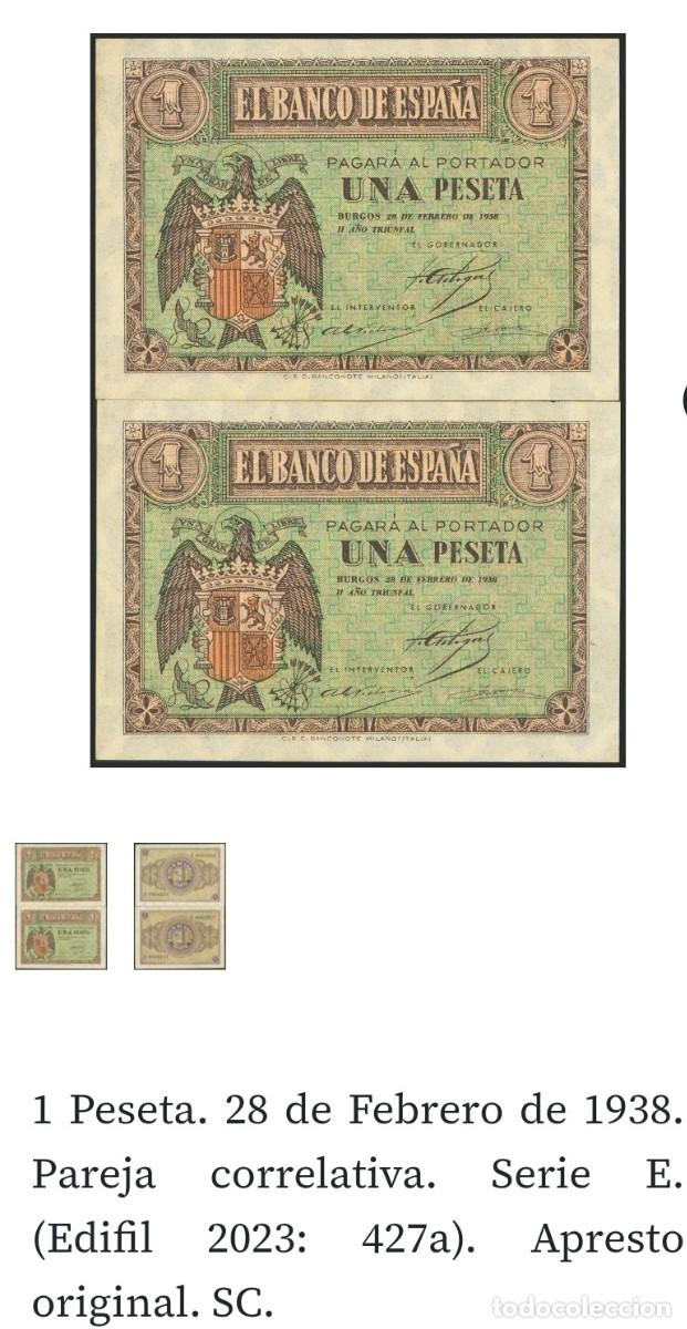 Billetes espa&ntilde;oles: 1 PTA. 28 DE FEBRERO 1938 PAREJA CORRELATIVA SERIE E S.C