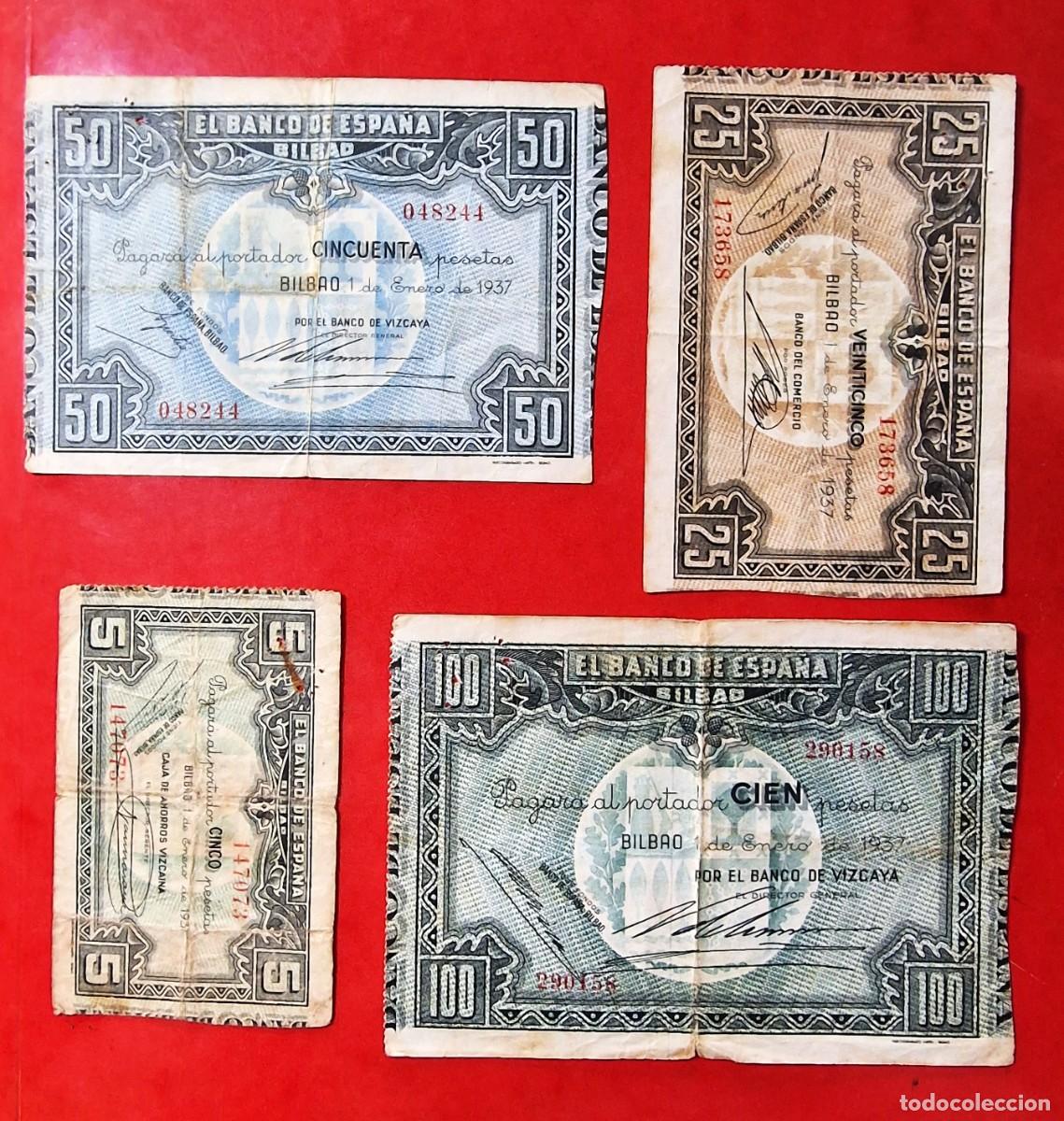 Billetes espa&ntilde;oles: LOTE 4 BILLETES BILBAO DIVERSOS |SOLO ACEPTO PAYPAL| BILLETE 5 25 50 100 PESETAS 1937 LEER DESCRIPCI